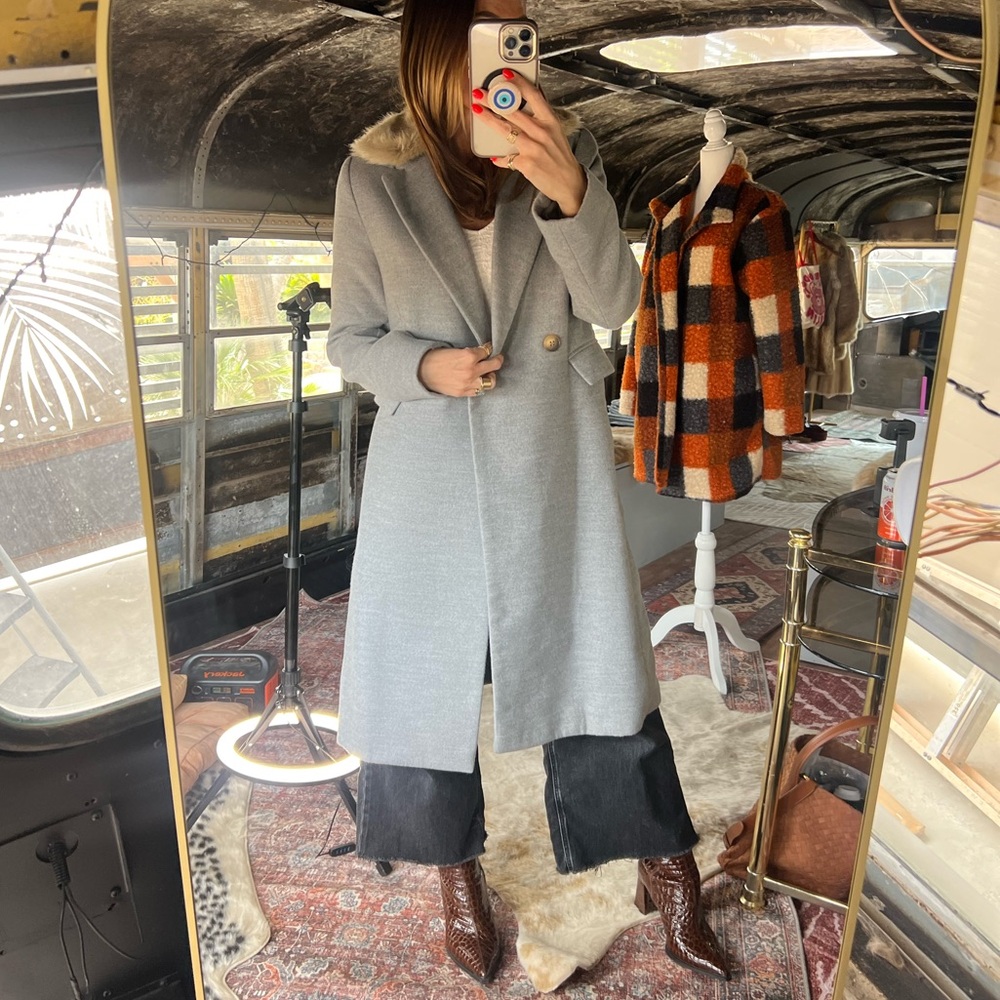 Gray Double-Breasted Coat with Faux Fur Collar